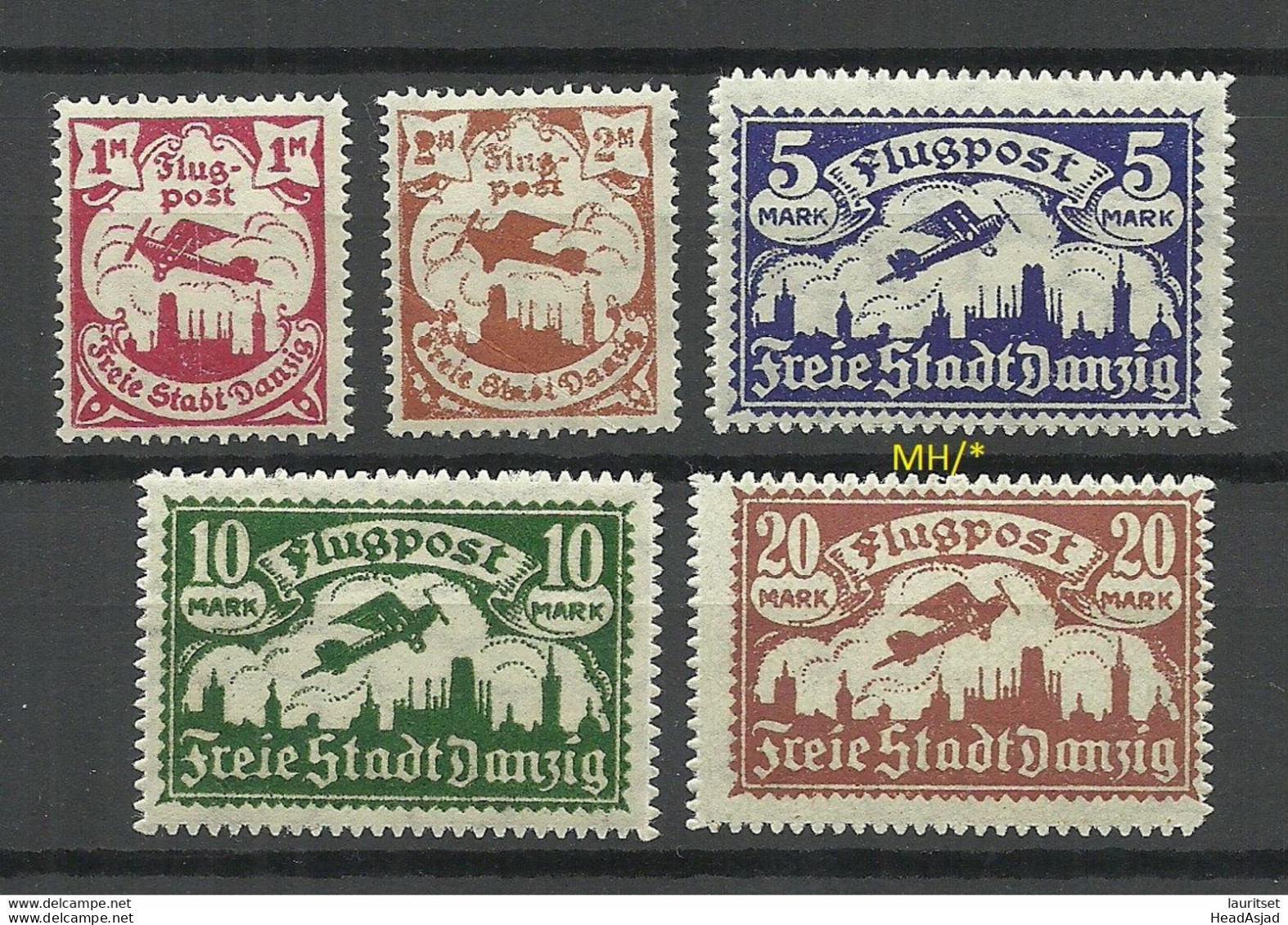 Germany Deutschland DANZIG 1922/1923 Michel 68 - 69 & 116 - 118 MNH/MH (mostly MNH/**, Only 1 Stamp Is MH/) Air Planes - Mint