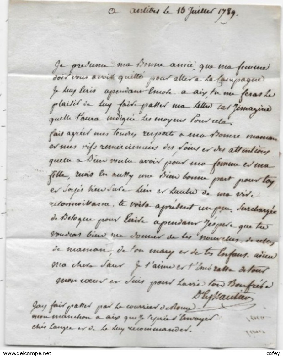 ALPES  MARITIME  Lettre Franchise Poste Marque  Postale ANTIBES 15 JUILLET 1789 (lendemain Prise Bastille) - 1701-1800: Precursors XVIII