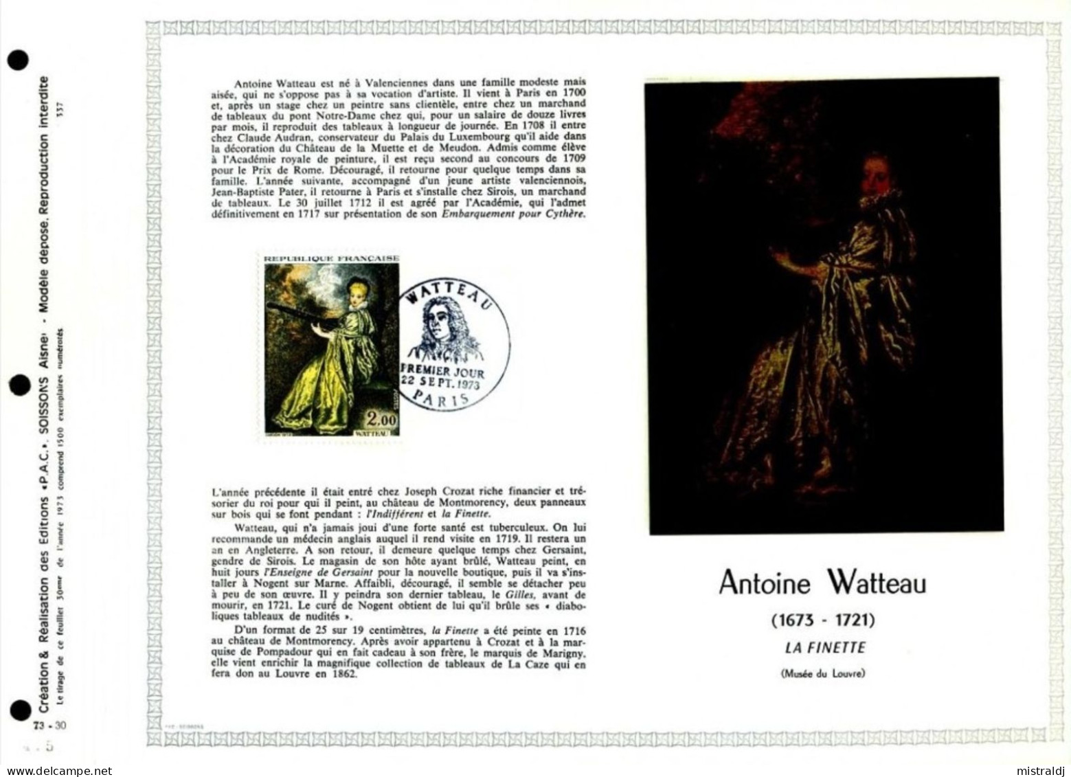 Rare Feuillet PAC (précurseur De CEF) De 1973 - ANTOINE WATTEAU (1648-1721), La Finette - 1970-1979