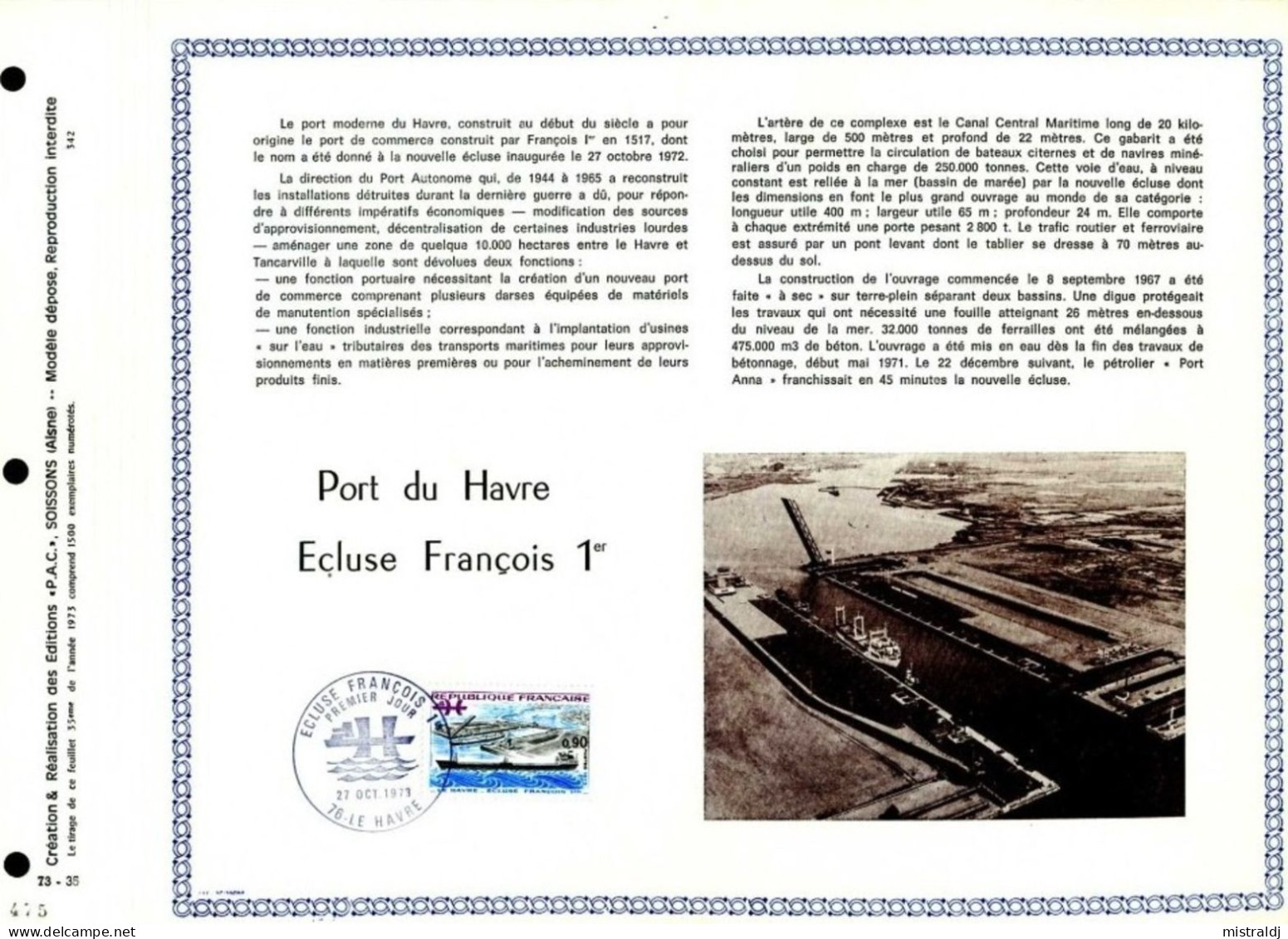 Rare Feuillet PAC (précurseur De CEF) De 1973 - Port Du Havre, ECLUSE FRANÇOIS 1ER - 1970-1979