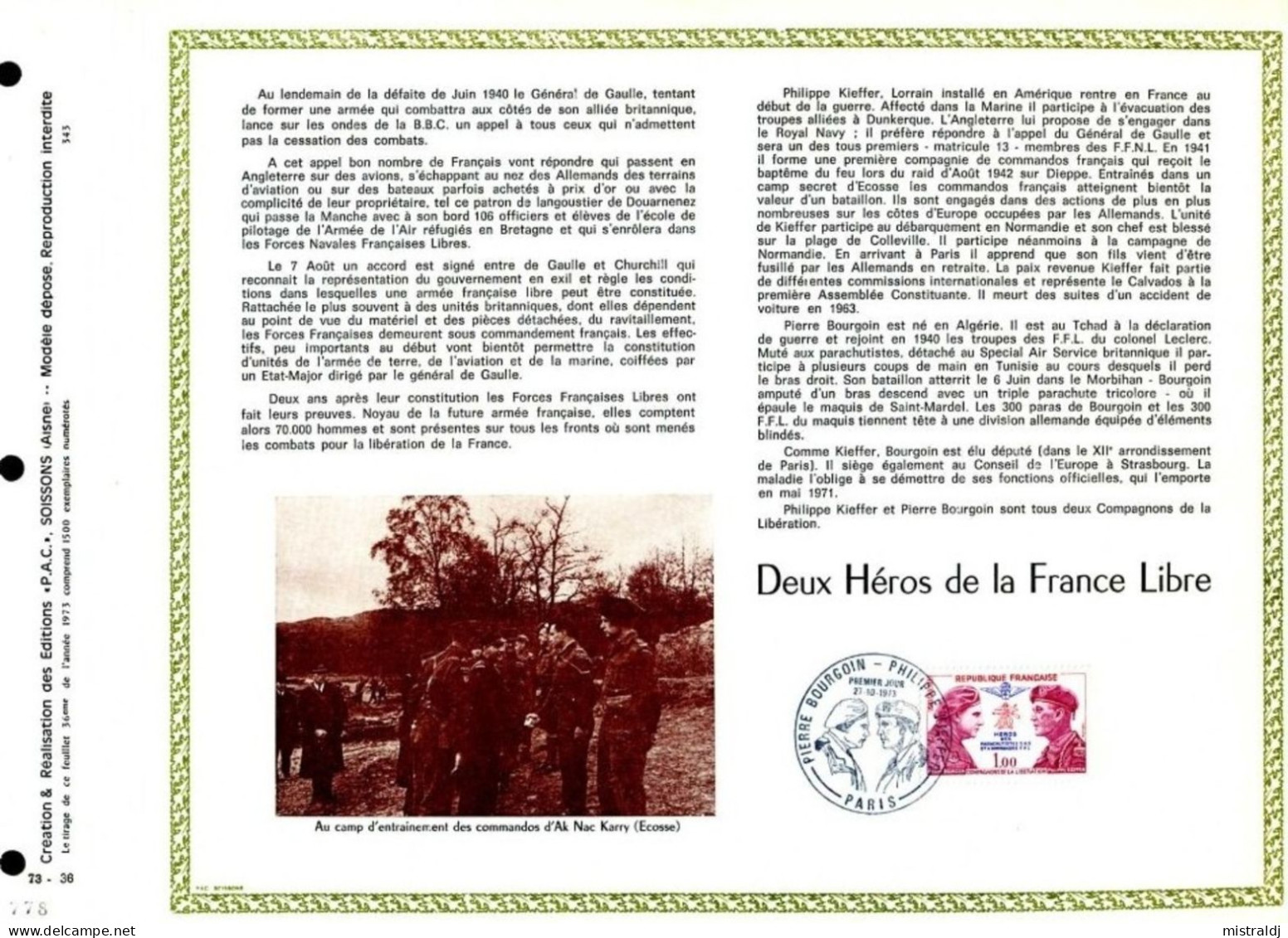 Rare Feuillet PAC (précurseur De CEF) De 1973 - Deux Héros De La France Libre (PIERRE BOURGOIN – PHILIPPE KIEFFER) - 1970-1979