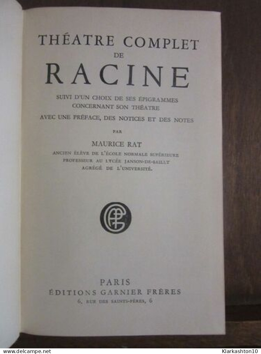 Théâtre Complet De Racine Paris - Autres & Non Classés