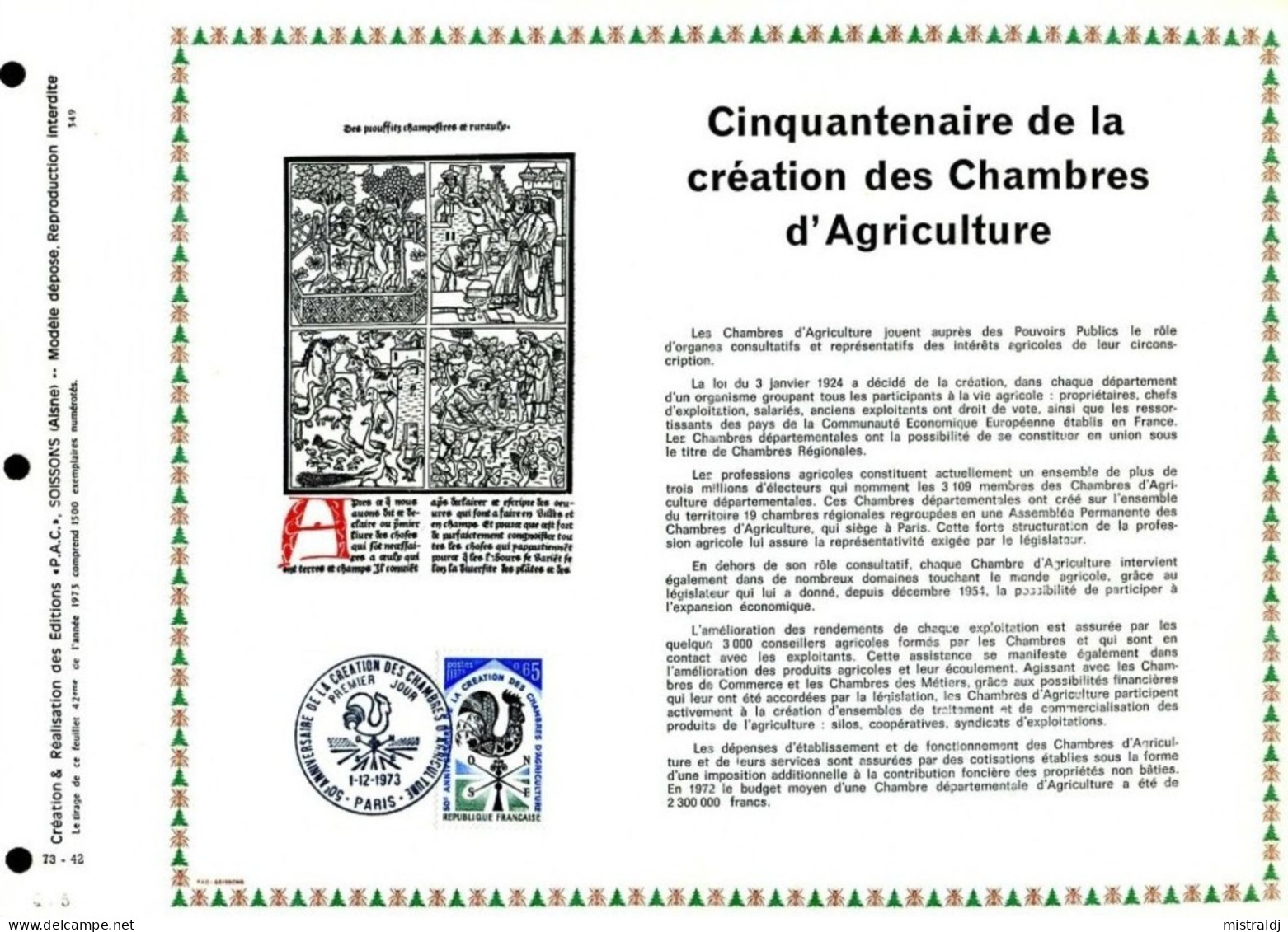 Rare Feuillet PAC (précurseur De CEF) De 1973 - CINQUANTENAIRE De La Création DES CHAMBRES D’AGRICULTURE - 1970-1979