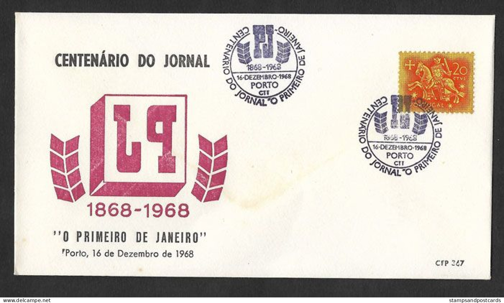 Portugal Centenaire Journal Primeiro De Janeiro Cachet Commemoratif Porto 1968 Cent Newspaper Press Postmark - Flammes & Oblitérations