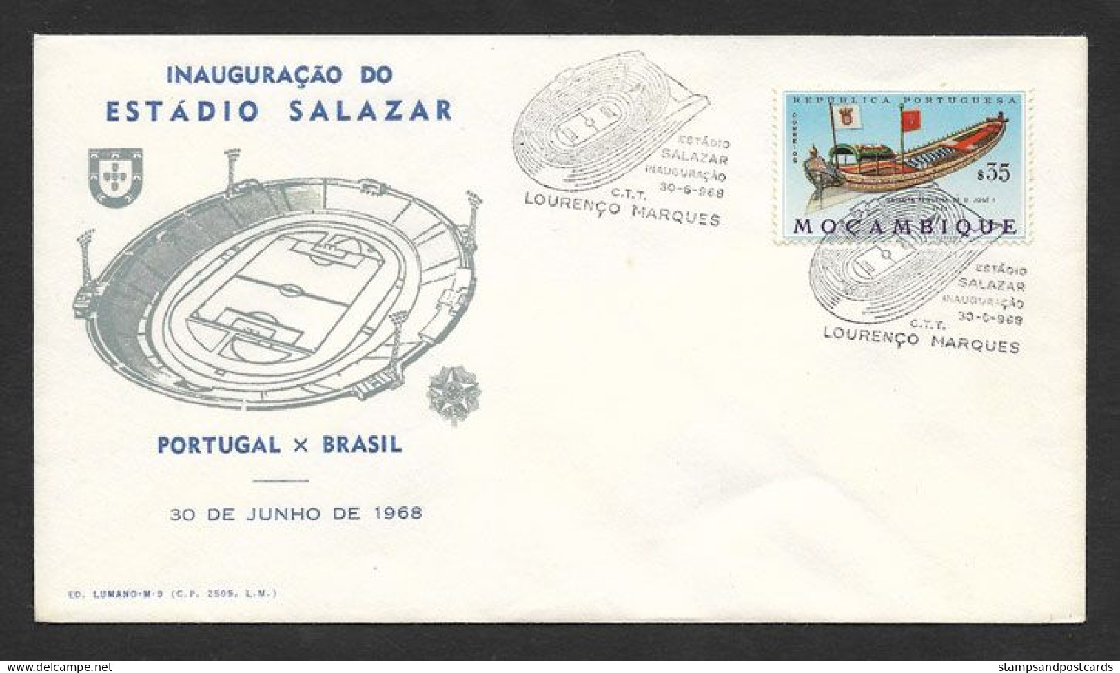 Mozambique Cachet Commémoratif Inauguration Stade Football Salazar 1968 Jeux Portugal Brèsil Soccer Stadium Game Brazil - Altri & Non Classificati
