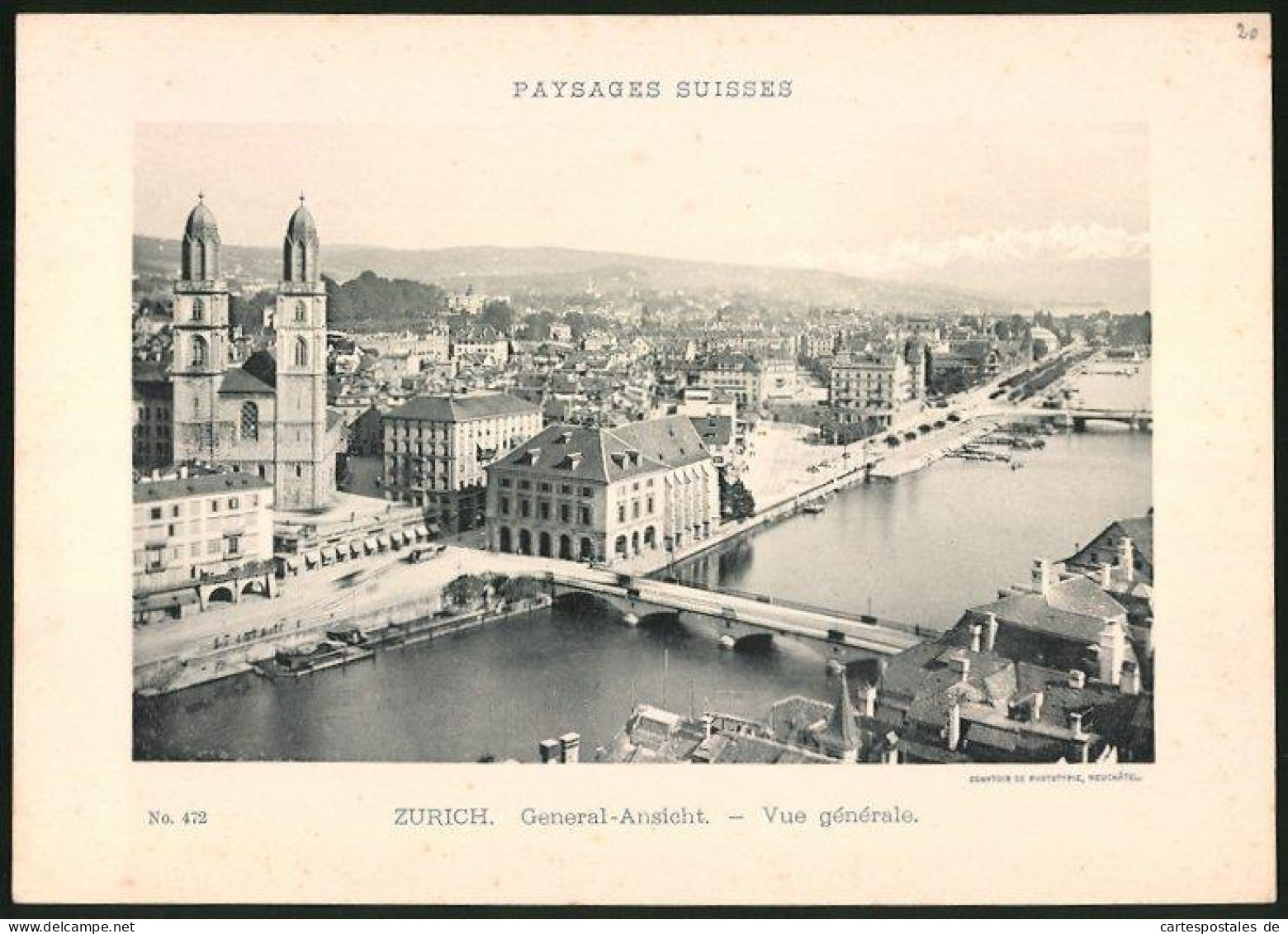 Lichtdruck Phototypie Neuchatel Nr. 472, Ansicht Zürich, Stadtansicht Mit Kathedrale & Pferdebahn  - Lieux