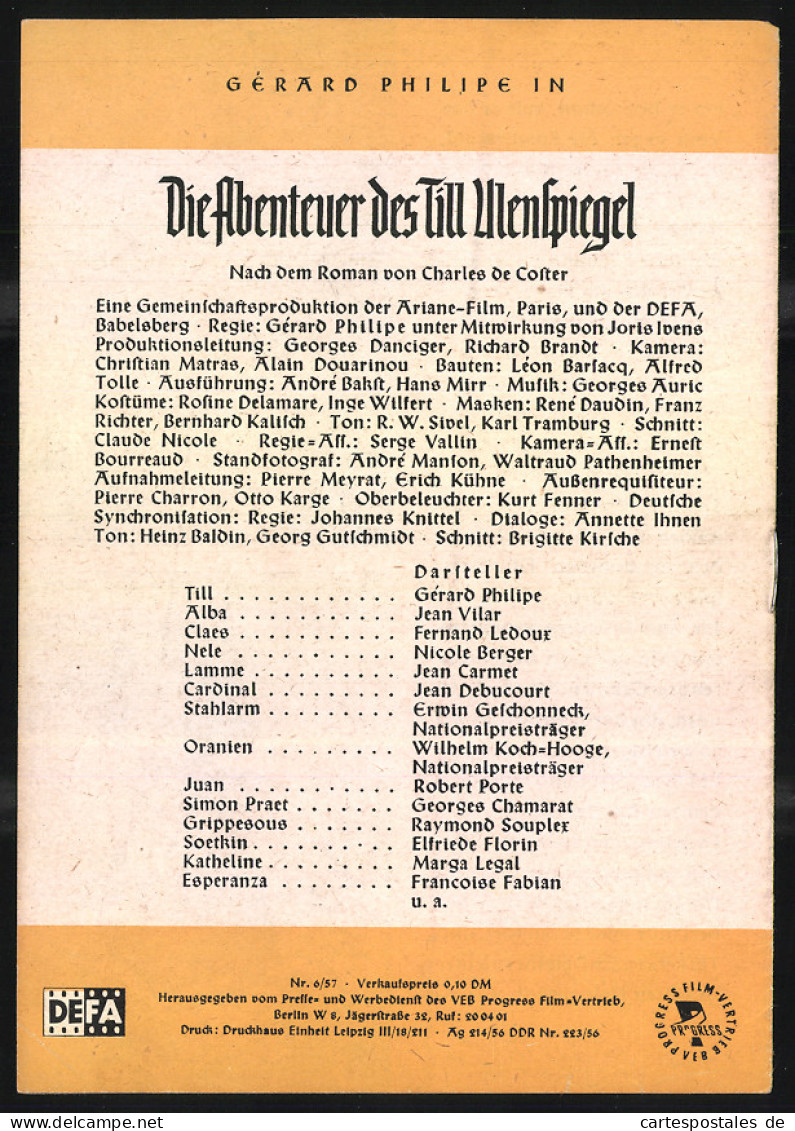 Filmprogramm PFI Nr. 6 /57, Die Abenteuer Des Till Eulenspiegel, Gérard Philipe, Jean Vilar, Regie: Gérard Philipe  - Magazines