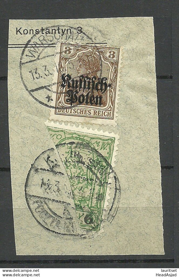 POLEN Poland 1915 Stadtpost Warschau Local Post Michel 8 Bisect/Halbierung Auf. Briefstück + Russich-Polen Mi. 1 - Besetzungen 1914-18