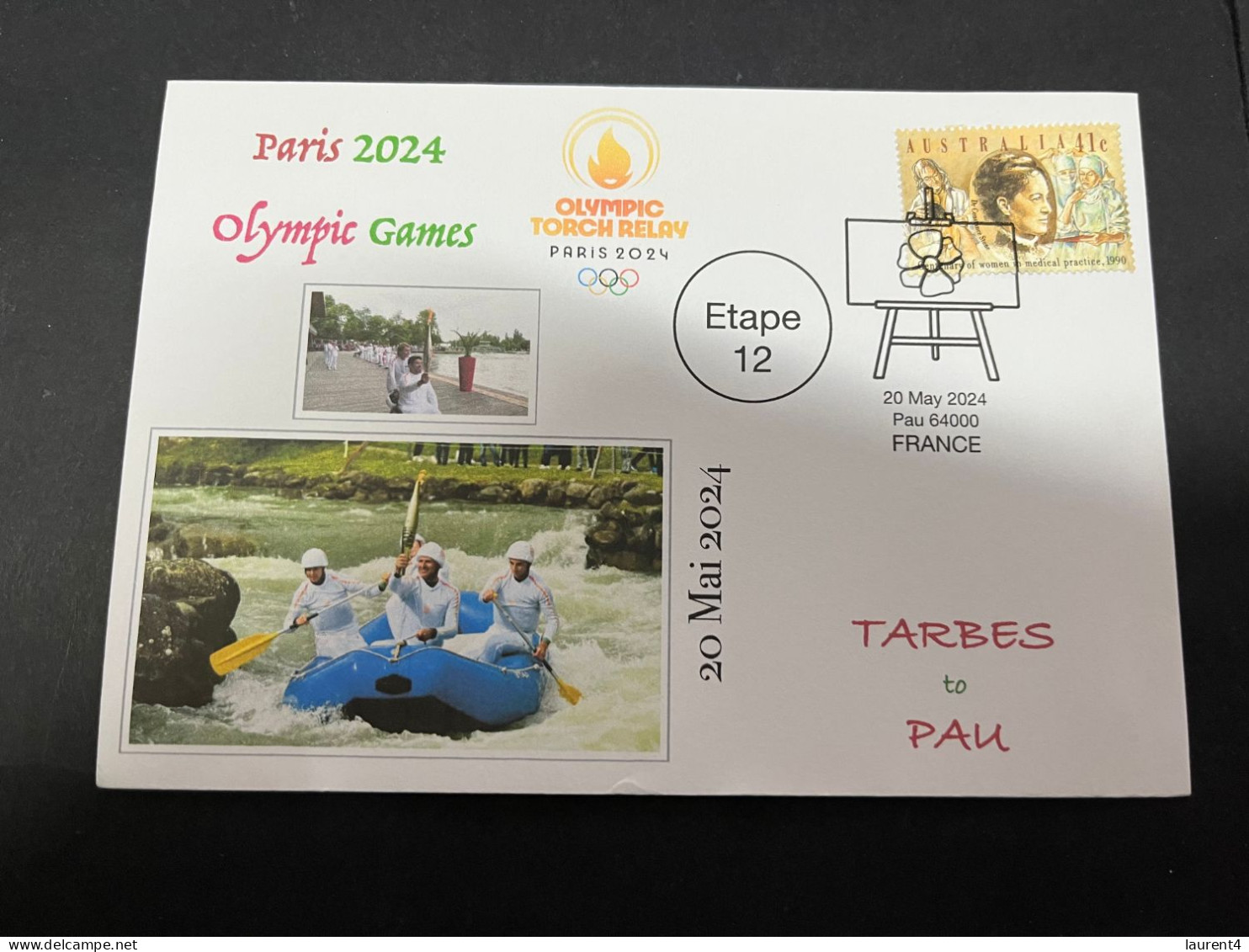 20-5-2024 (5 Z 37) Paris Olympic Games 2024 - Torch Relay (Etape 12 In Pau (canoe) (20-5-2024) With OZ Health Stamp - Eté 2024 : Paris