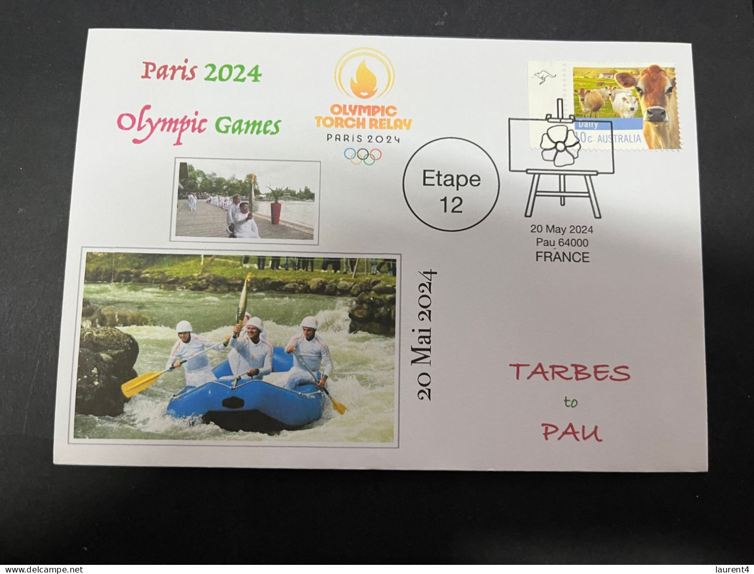 20-5-2024 (5 Z 37) Paris Olympic Games 2024 - Torch Relay (Etape 12 In Pau (canoe) (20-5-2024) With OZ Cow Stamp - Eté 2024 : Paris
