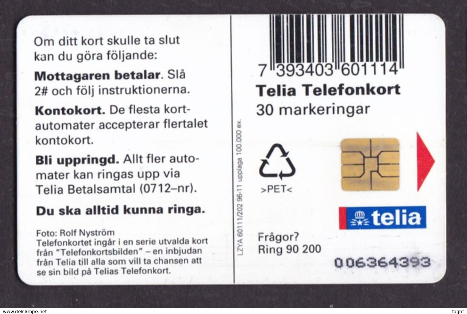 1996 Sweden  Phonecard › Sunflowers,30 Units,Col:SE-TEL-030-0202 - Suède