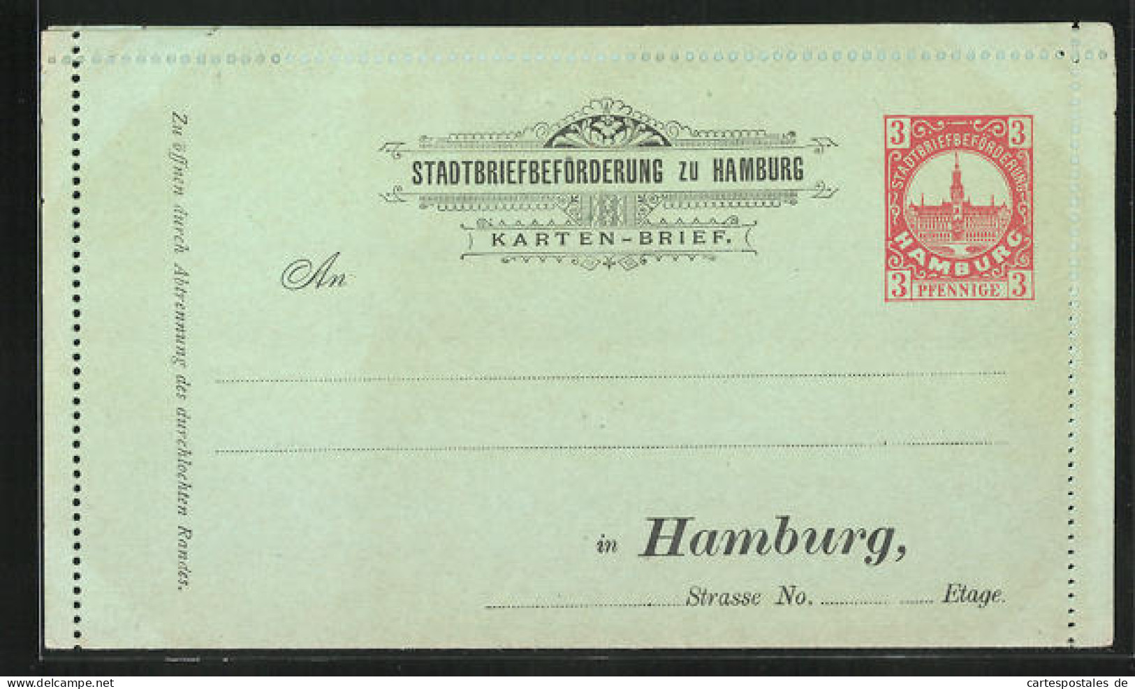 AK Briefkarte Private Stadtpost, Stadtbriefbeförderung Zu Hamburg, 3 Pfg.  - Timbres (représentations)