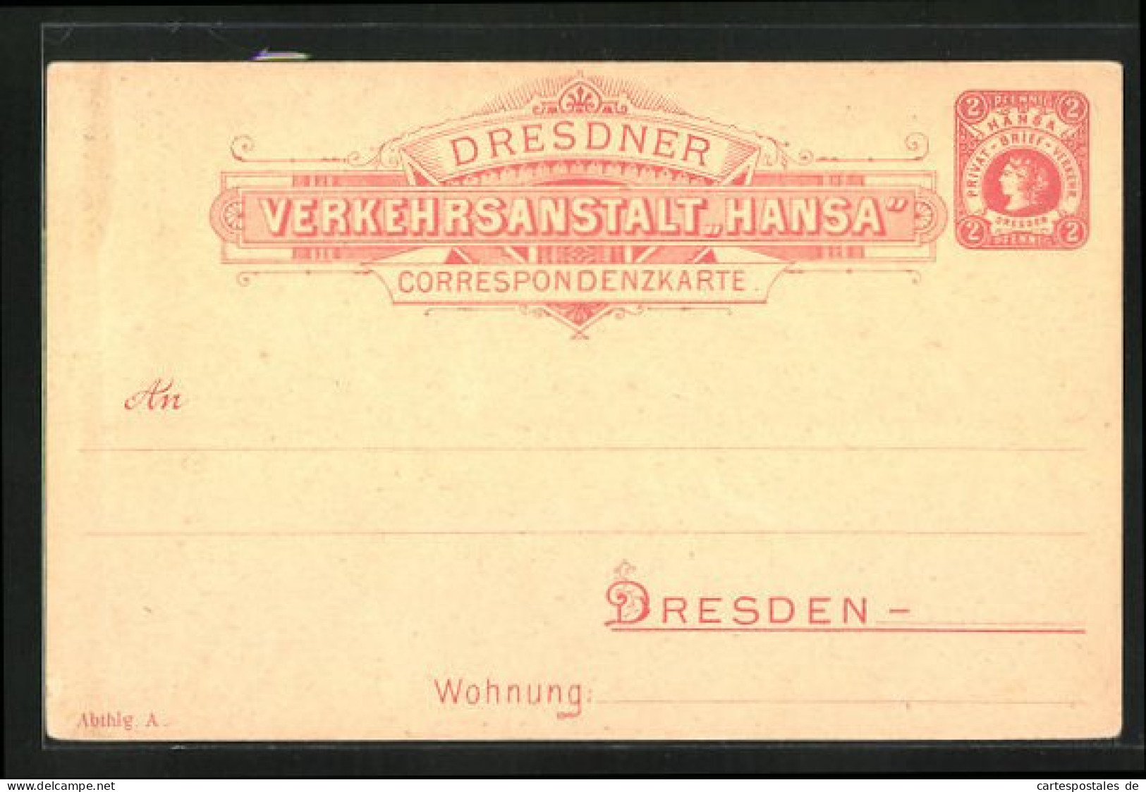 AK Dresden, Correspondenzkarte, Verkehrsanstalt Hansa, 2 Pfg., Private Stadtpost  - Briefmarken (Abbildungen)