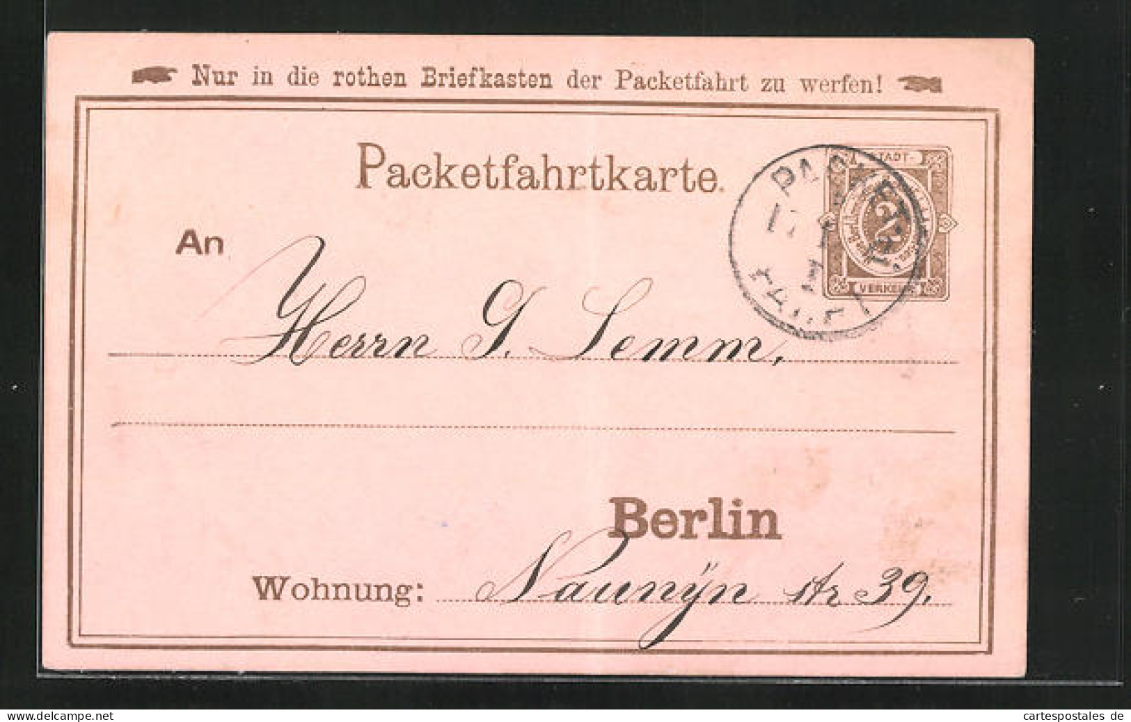 AK Packetfahrtkarte, Private Stadtpost Berlin, 2 Pfg.  - Briefmarken (Abbildungen)