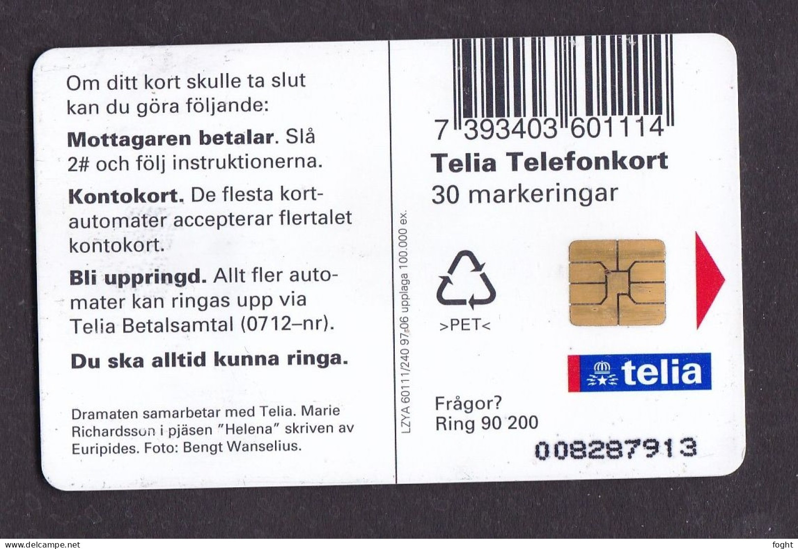 1997 Sweden  Phonecard ›  Teatro - Dramaten, Marie Richardsson,30 Units,Col:SE-TEL-030-0240 - Suède