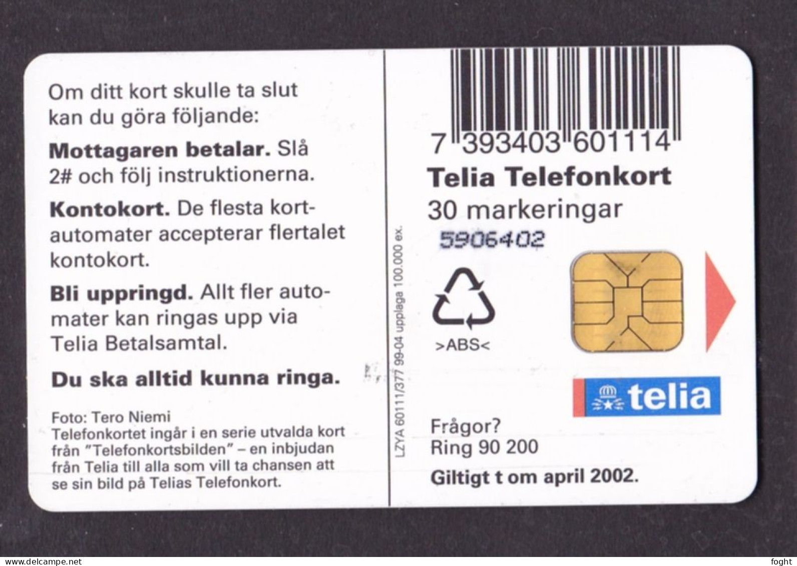 1999 Sweden  Phonecard › Bird 28 Black Guillemot,30 Units,Col:SE-TEL-030-0377 - Suecia