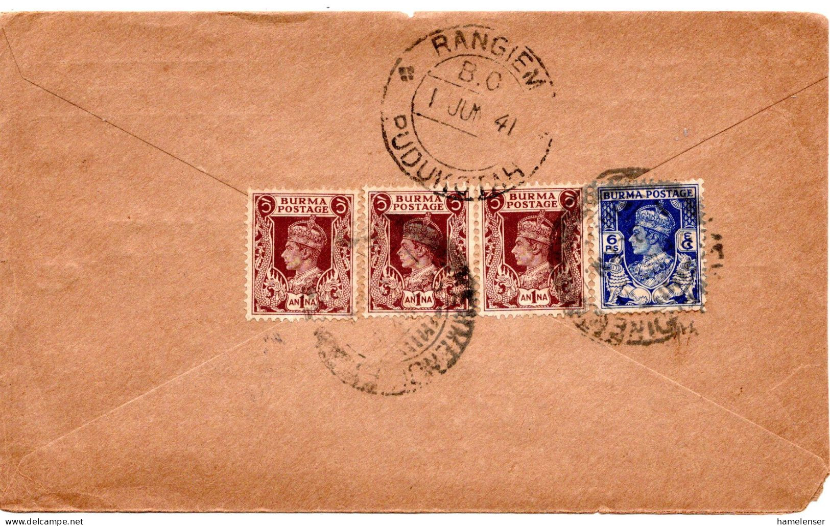 79017 - Burma - 1941 - 3@1A KGVI A LpBf KEUMENDINE -> RANGIEM (Indien) - Birmanie (...-1947)