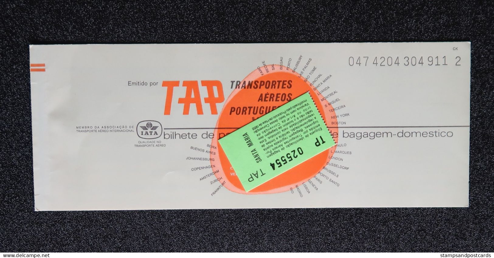 Billet D' Avion 1976 TAP Air Portugal Lisbonne Santa Maria Azores Talon Bagage Plane Ticket To Açores - Europe