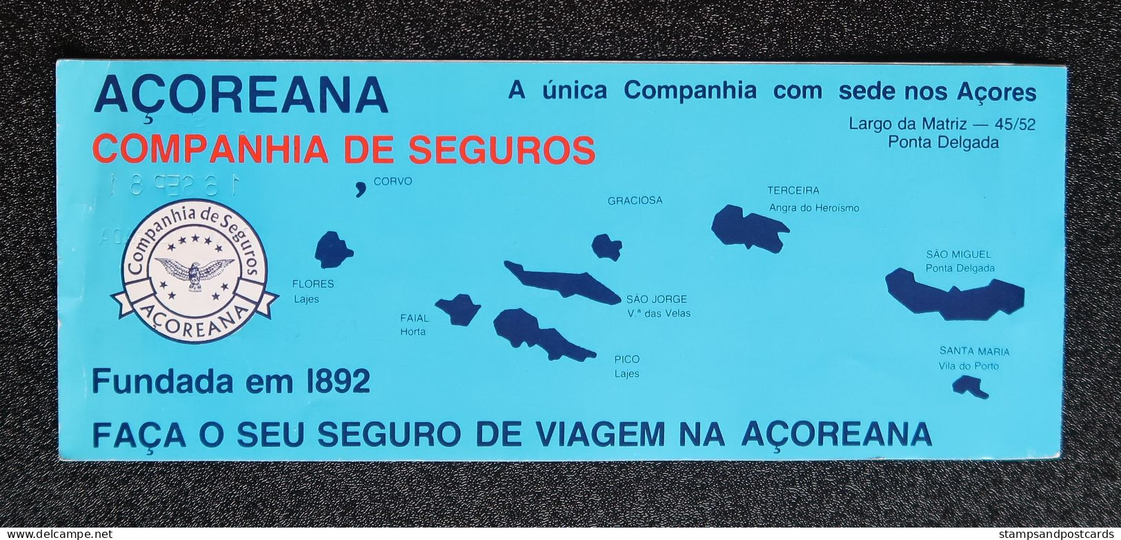 Billet Avion 1981 SATA Linha Aérea Dos Açores Portugal Azores Airlines Publicité Assurances Plane Ticket Pub Insurance - Europe