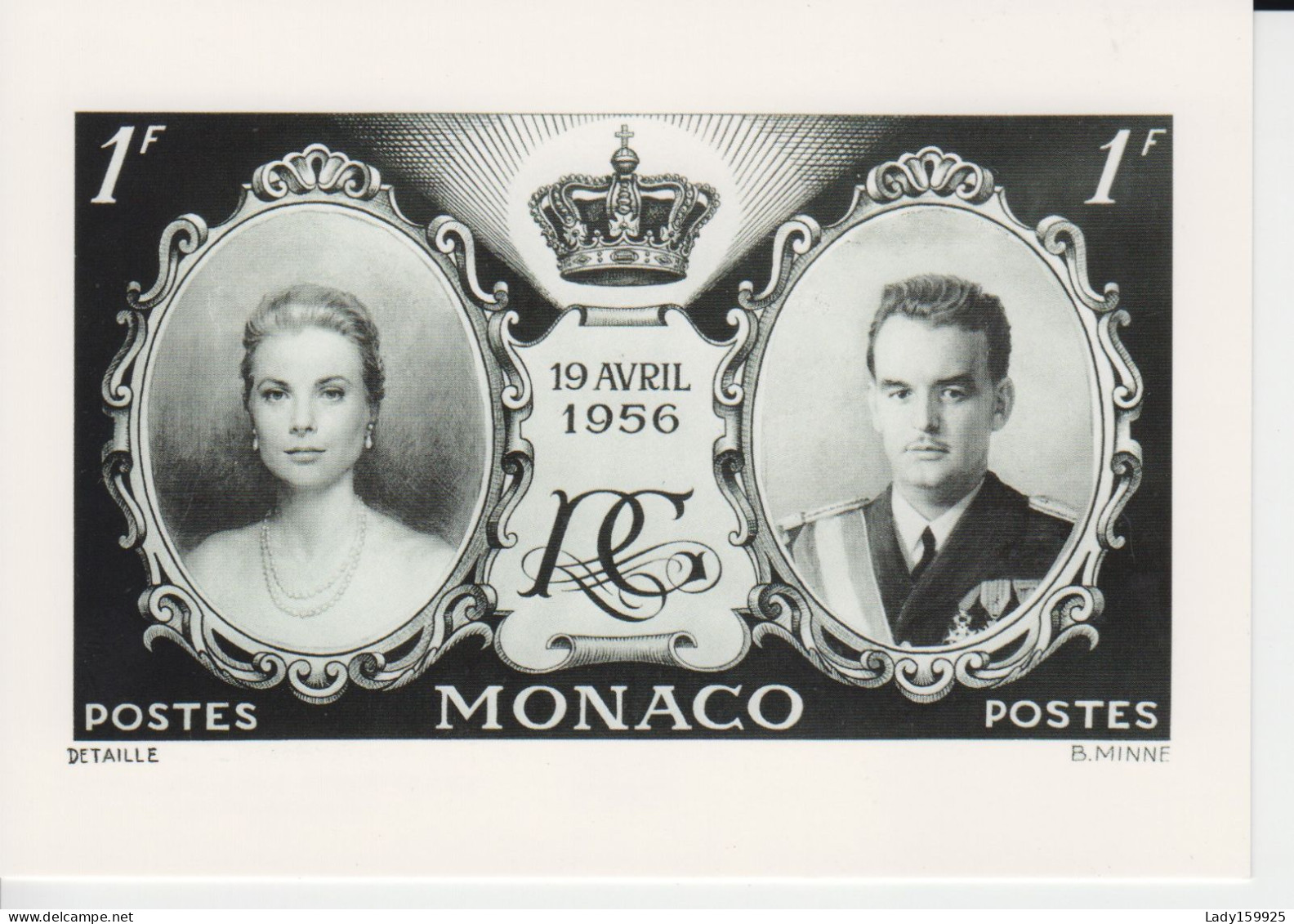 Monaco Prince Rainier 111 Et Grace Kelly 19 Avril 1956 Mariage  Copie Du Tonbre De 1F Maintenant En Carte Postale  2 - Case Reali