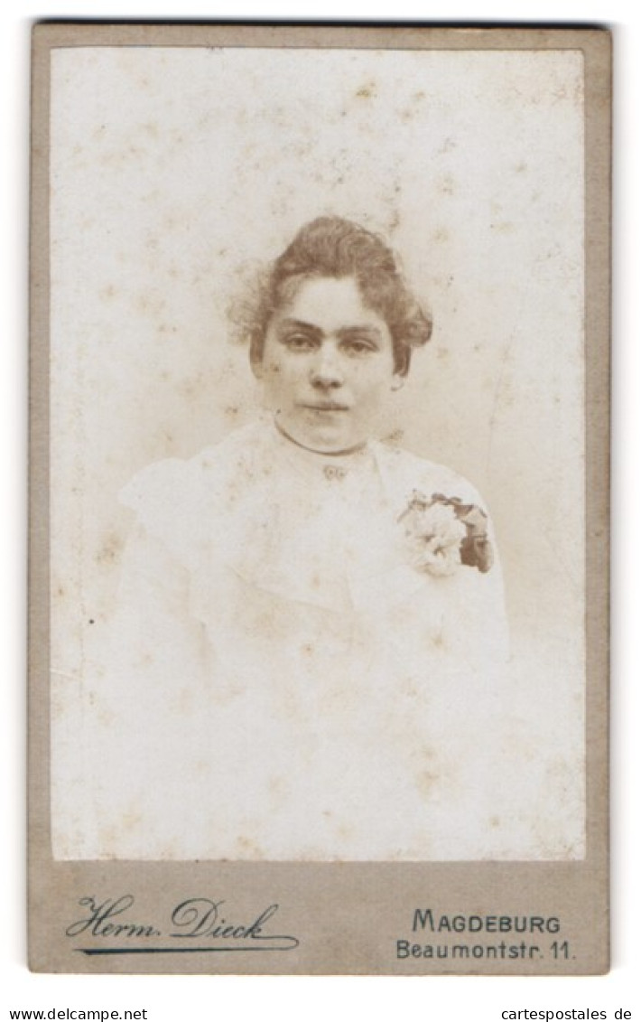 Fotografie Herm. Dieck, Magdeburg, Beaumontstrasse 11, Portrait Junge Frau Im Weissen Kleid  - Personas Anónimos