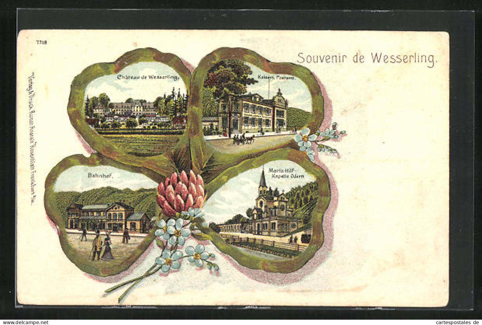 Lithographie Passe-partout Wesserling, Chateau, La Gare, Kaiserl. Postamt, Feuille De Trèfle  - Other & Unclassified