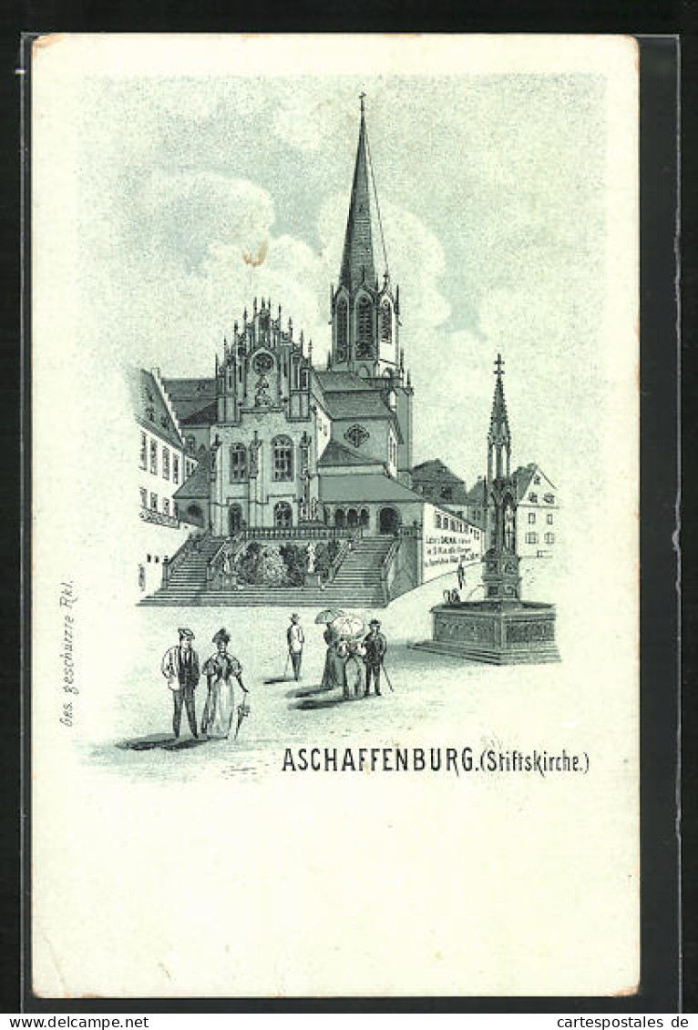 Lithographie Aschaffenburg, Stiftskirche Mit Brunnen  - Aschaffenburg