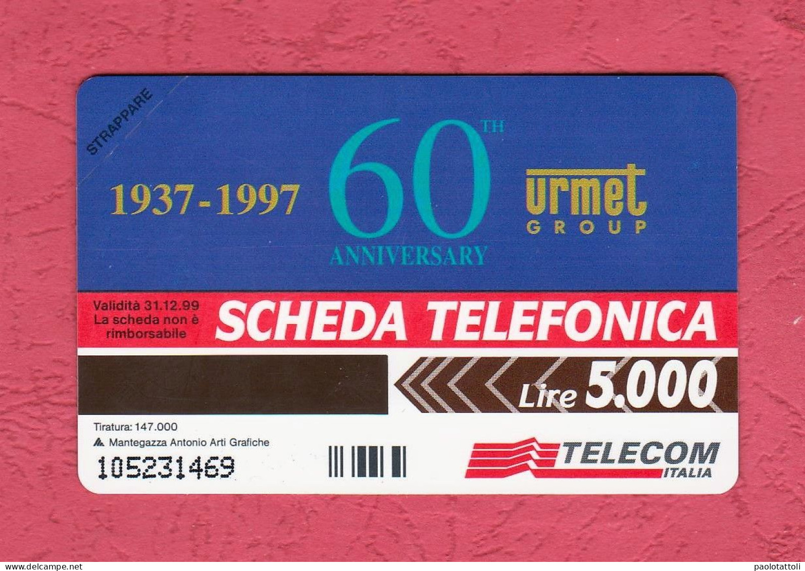 Italia Rep.- Italy- New, Nuova. Prepaid Phone Card, TELECOM, Urmet, 60th Anniversary- 5000L, Ed. Mantegazza, - Publiques Ordinaires