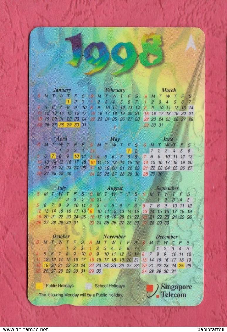 Singapore- 1998 Calendar- Singapore Telecom. Used Phone Card By 5 Dollars. - Singapour