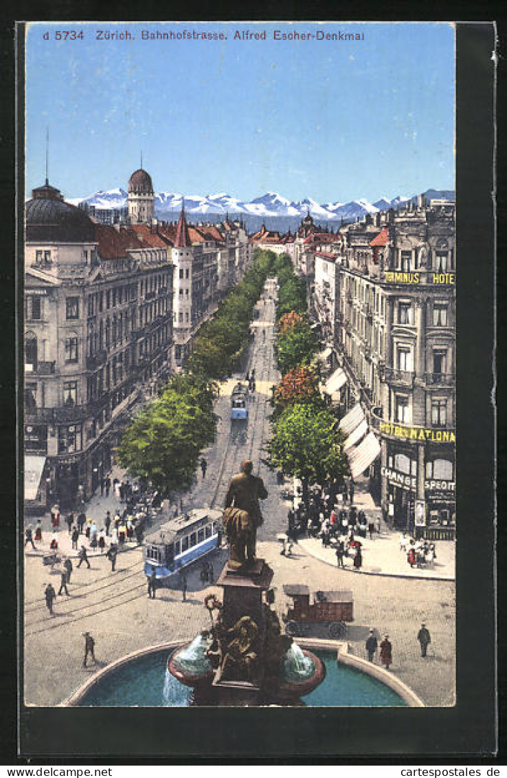 AK Zürich, Bahnhofstrasse Mit Alfred Escher-Denkmal Und Strassenbahnen  - Tramways