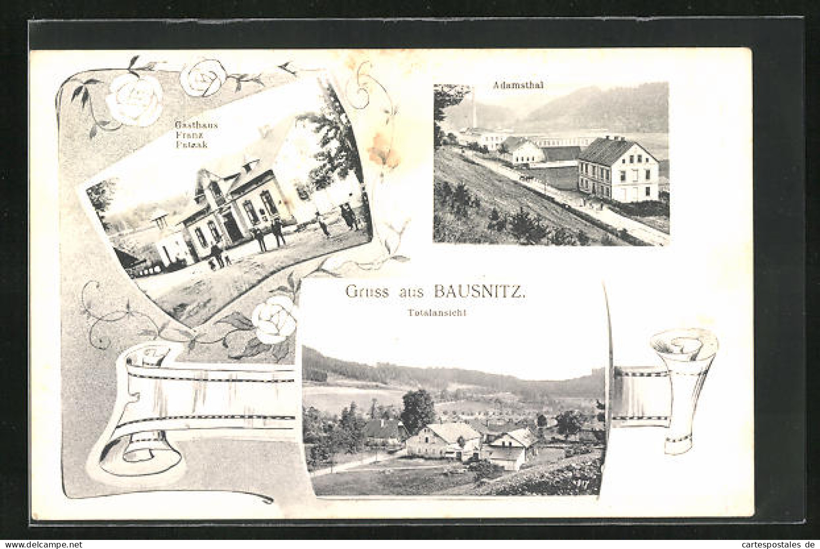 AK Bausnitz, Gasthaus Franz Patzak, Adamsthal, Ortsansicht  - Tchéquie