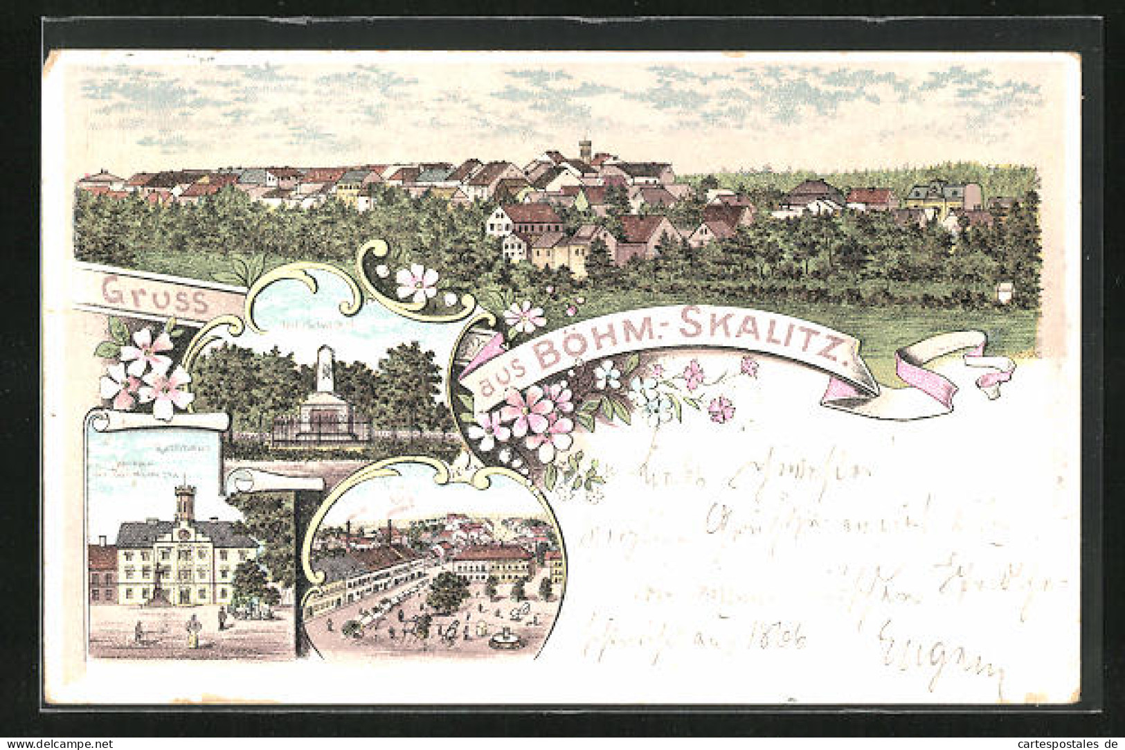 Lithographie Böhmisch Skalitz, Ring, Rathaus, Militärfriedhof  - Tchéquie