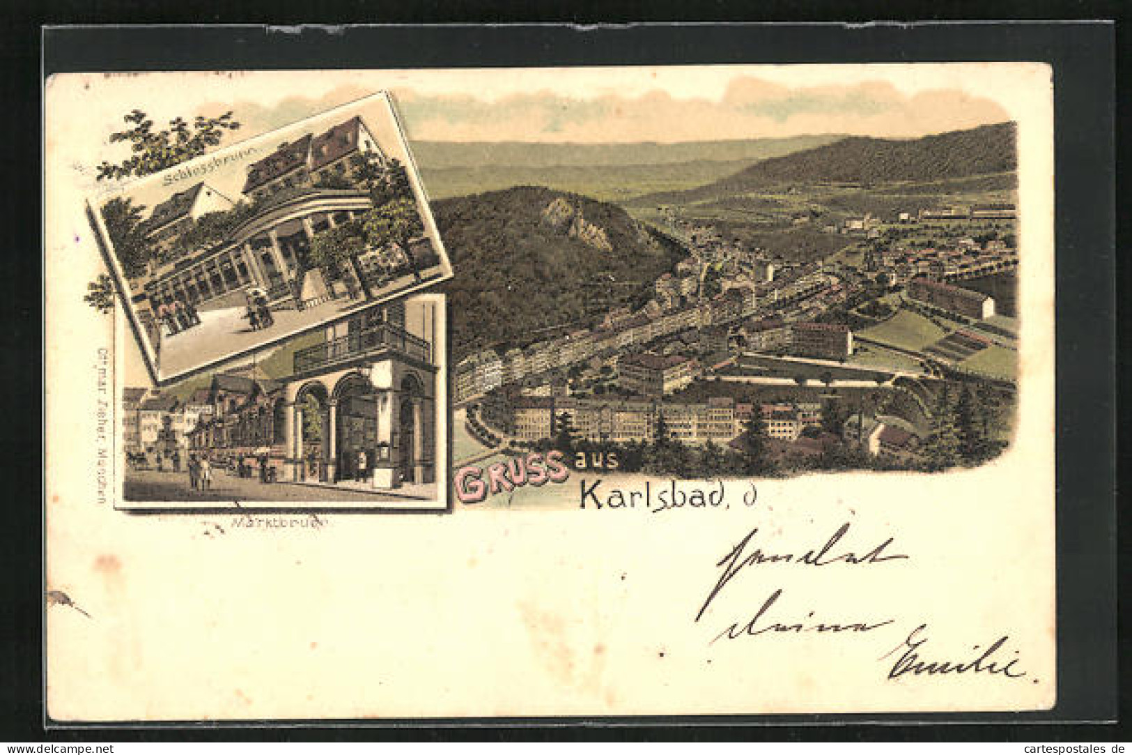 Lithographie Karlsbad, Teilansicht, Schlossbrunn, Marktbrunn  - República Checa