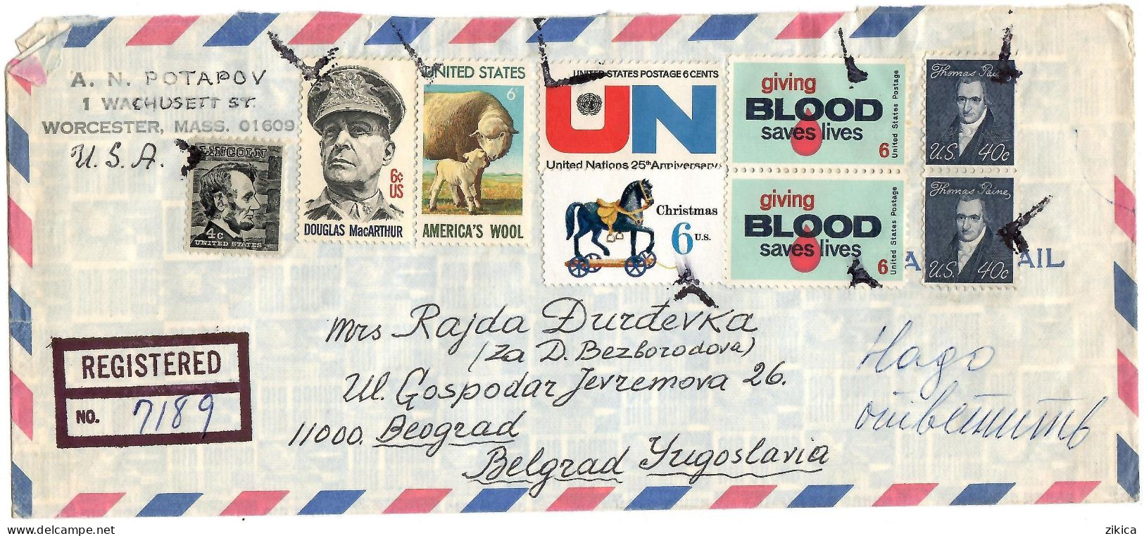 United States REGISTERED Letter Via Yugoslavia 1971 Worcester Mass - Lettres & Documents