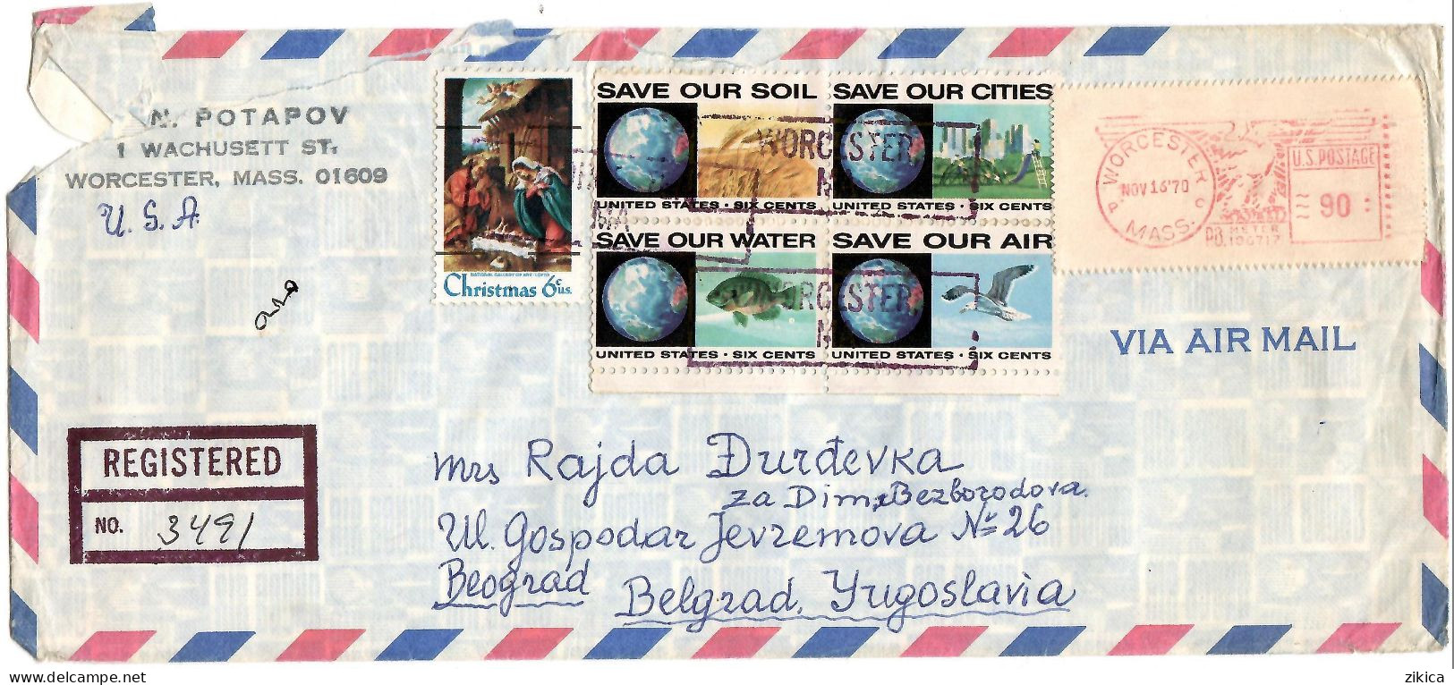 United States REGISTERED Letter Via Yugoslavia 1970 Worcester Mass - Lettres & Documents