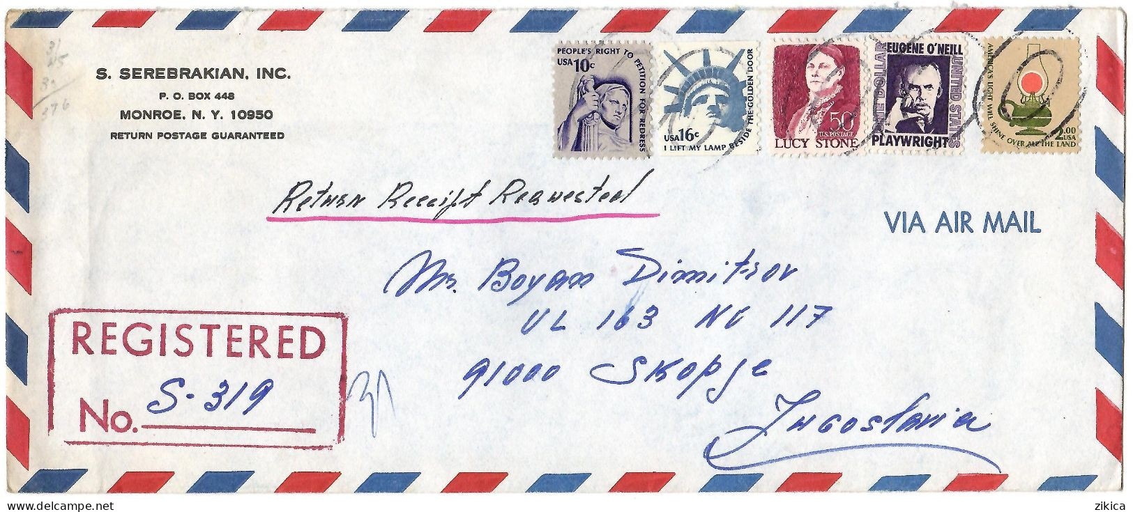 United States REGISTERED Letter Via Yugoslavia 1977 Monroe NY - Briefe U. Dokumente