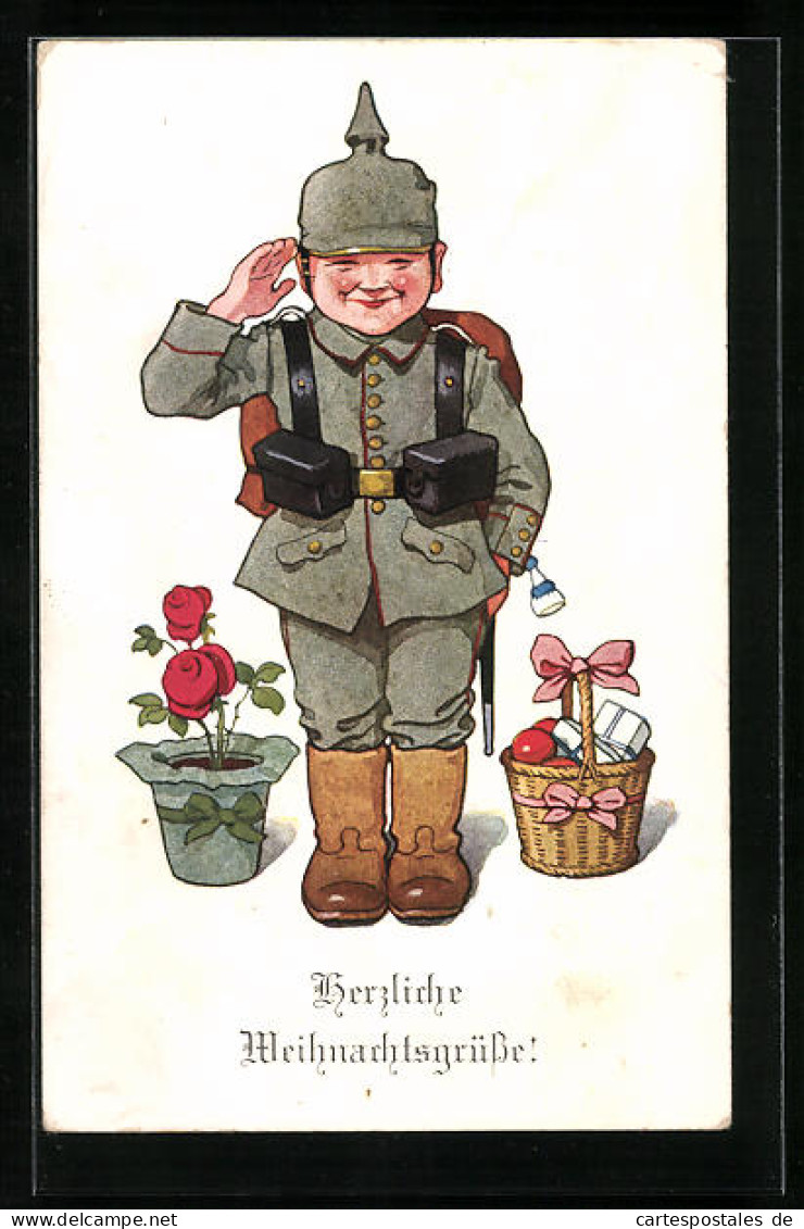 Künstler-AK P. O. Engelhard (P.O.E.): Weihnachtsgrüsse, Soldat In Uniform Mit Geschenken, Unsigniert  - Engelhard, P.O. (P.O.E.)