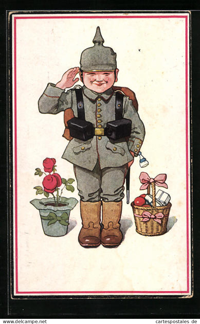 Künstler-AK P. O. Engelhard (P.O.E.): Der Junge Soldat In Uniform Mit Dem Geschenkkorb Und Einer Blume, Unsigniert  - Engelhard, P.O. (P.O.E.)