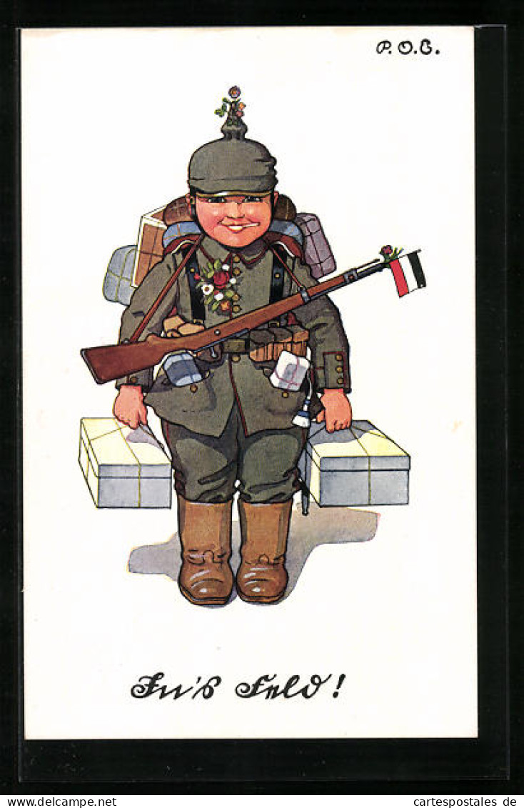 Künstler-AK P. O. Engelhard (P.O.E.): Junger Soldat In Uniform Mit Päckchen Zieht Ins Feld  - Engelhard, P.O. (P.O.E.)