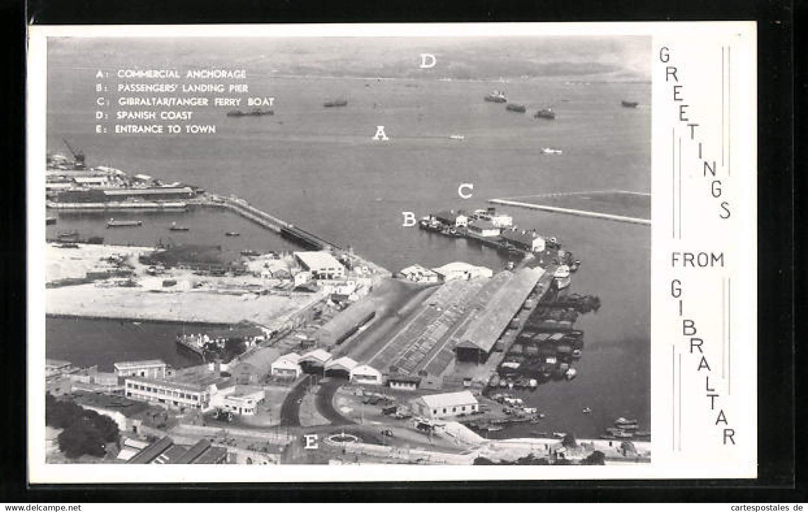 Postal Gibraltar, Fliegeraufnahme, Commercial Anchorage, Passengers` Landing Pier, Spanish Coast  - Gibraltar