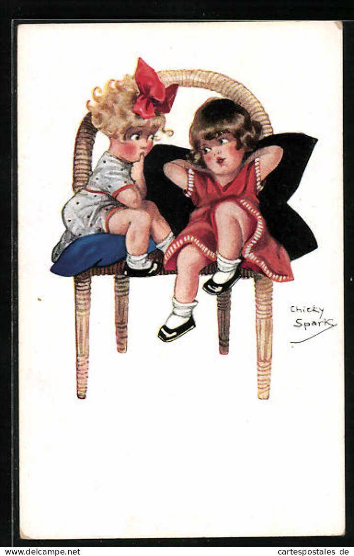 Künstler-AK Chicky Spark: Zwei Niedliche Mädchen Auf Einem Stuhl  - Spark, Chicky