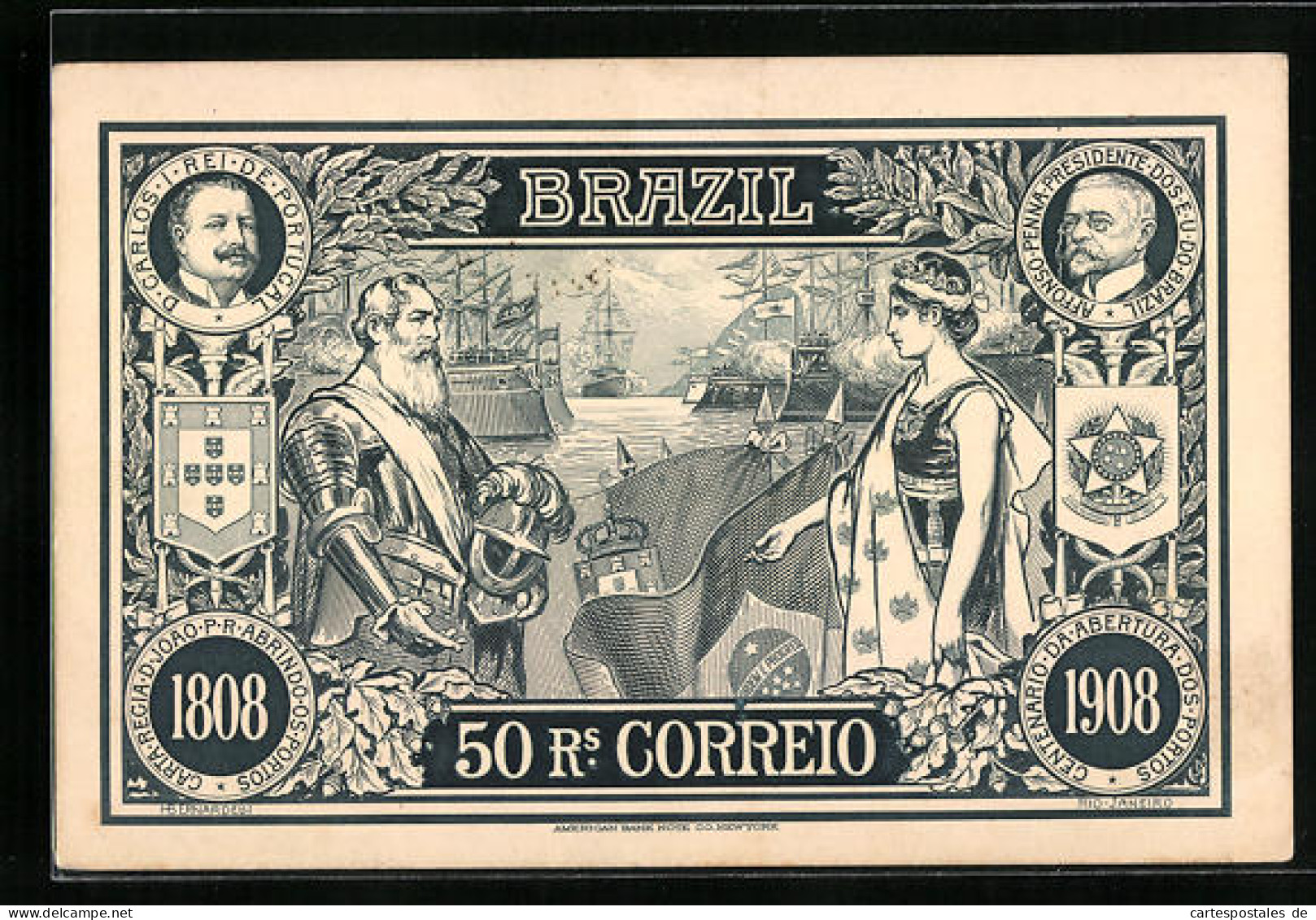 Künstler-AK Brazil, 50 R.s Correio, 1808-1908, Carlos I. König Von Portugal, Präsident Affonso Penna  - Sonstige & Ohne Zuordnung