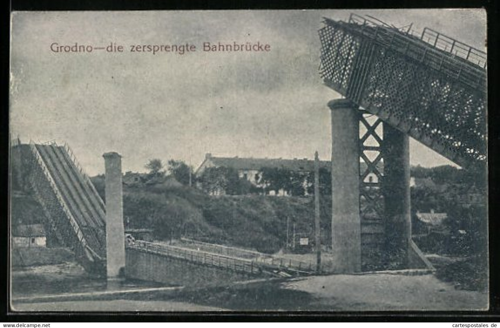 AK Grodno, Die Zersprengte Bahnbrücke  - Russland