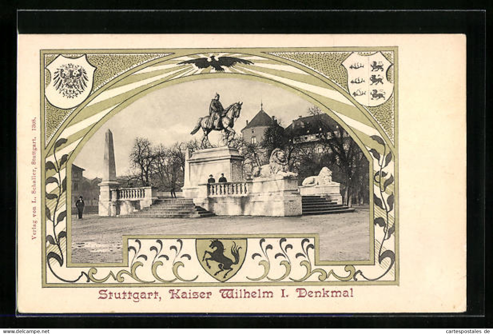Passepartout-AK Stuttgart, Kaiser Wilhelm I. Denkmal, Stadtwappen  - Stuttgart