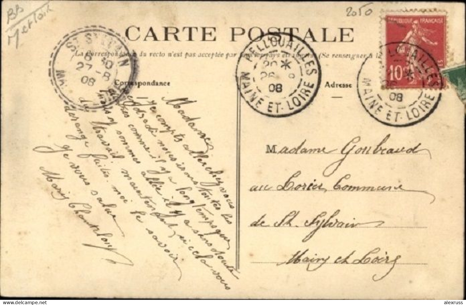 Postcard 1908 Brain On The Authion Loire Authion Maine Et Loire, Chateau De La Bouteillerie, Used - Angers