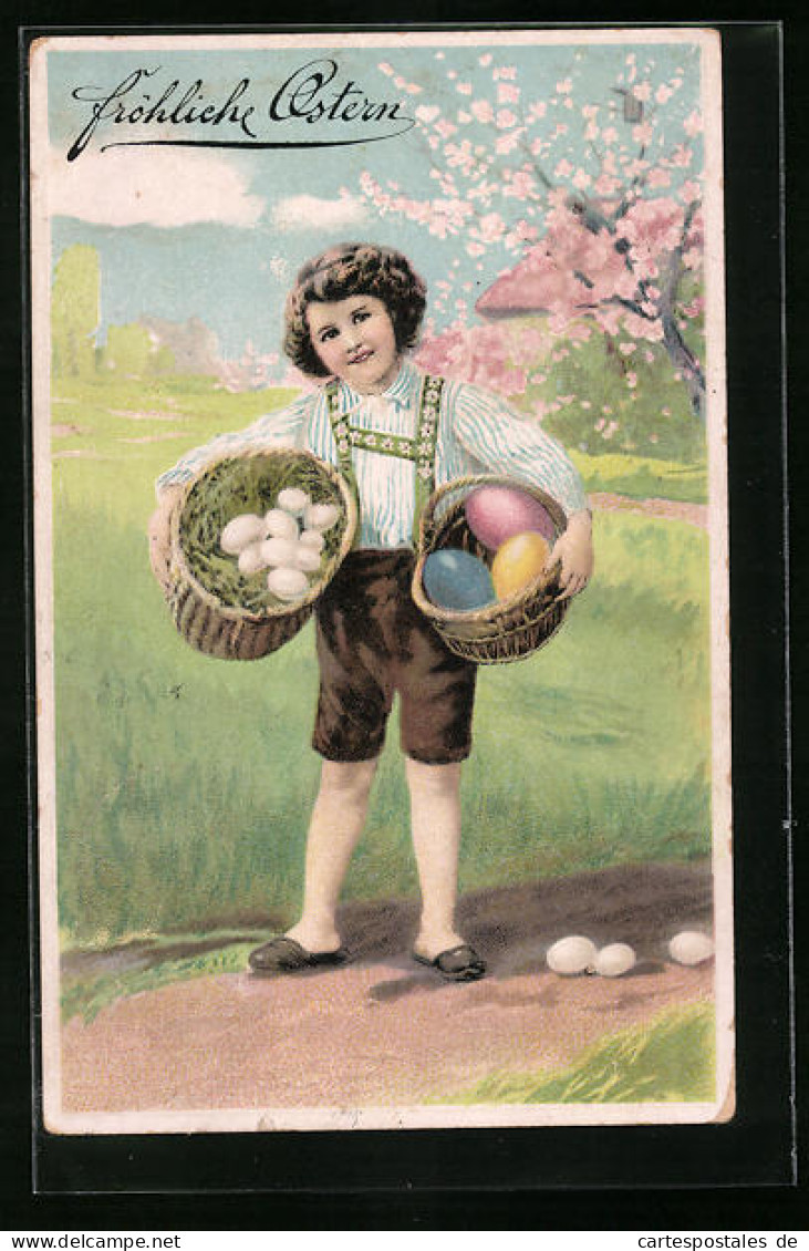 Präge-AK Fröhliche Ostern, Kind Mit Osterkörben  - Pascua
