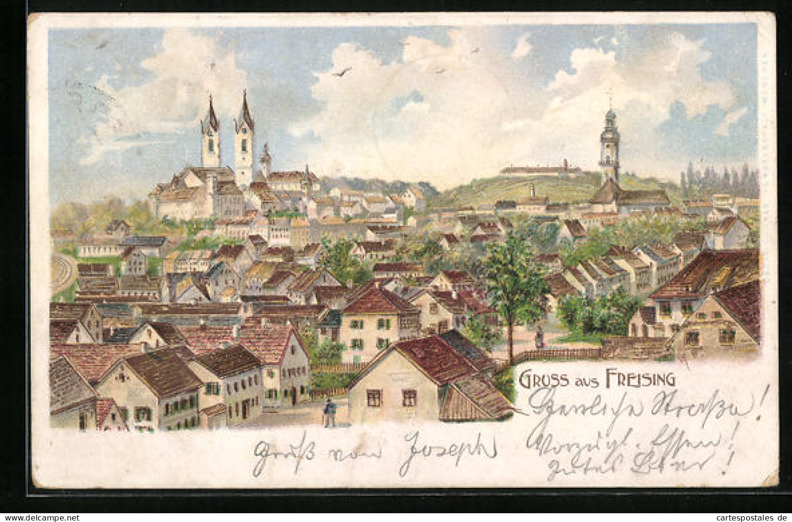 Lithographie Freising, Ortsansicht Mit Kirchen  - Freising
