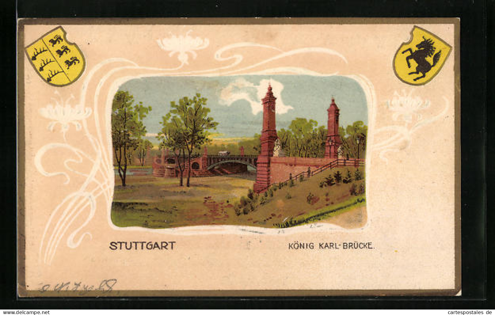 Passepartout-Lithographie Stuttgart, König Karl-Brücke, Wappen, Ornamente  - Autres & Non Classés