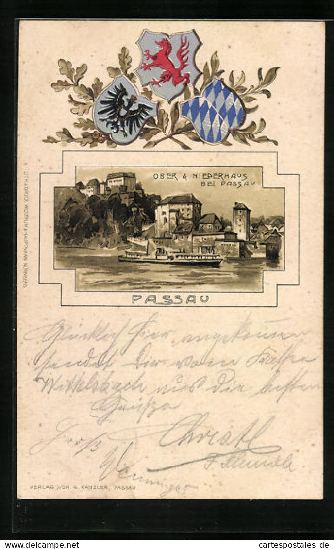 Passepartout-Lithographie Passau, Dampfer Vor Ober & Niederhaus, Wappen  - Autres & Non Classés
