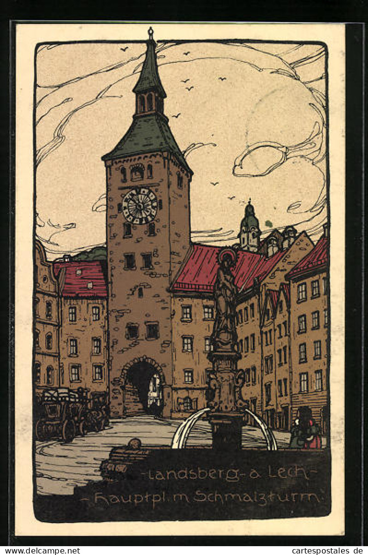 Steindruck-AK Landsberg A. Lech, Der Hauptplatz Mit Schmalzturm  - Andere & Zonder Classificatie